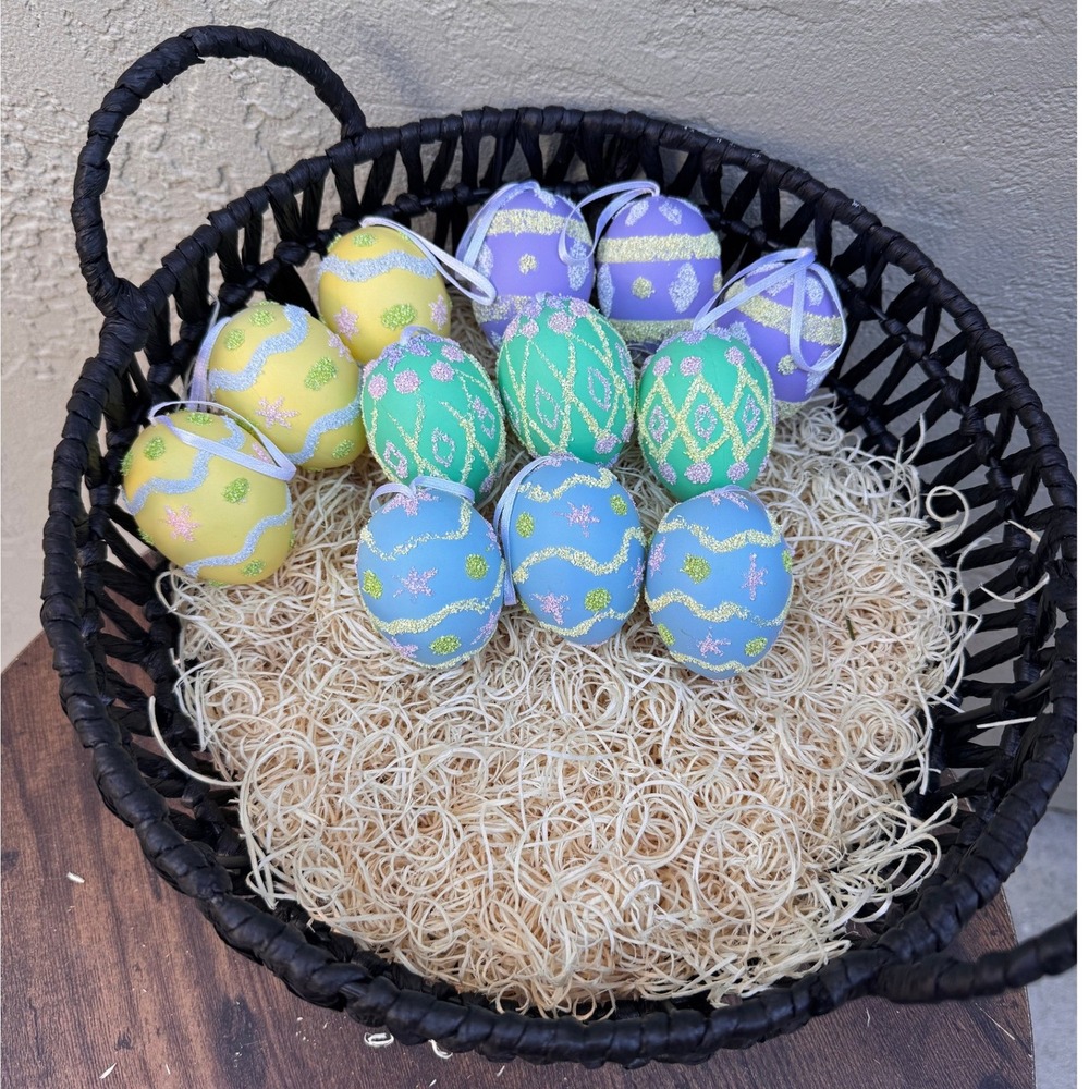 Easter Egg Hanging Ornaments Pastel Textured Glitter Set of 11 Blue Green Yellow